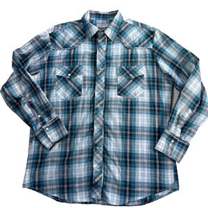 Roper Western Pearl Snap Shirt Mens X-Large Teal Green Plaid Embellished